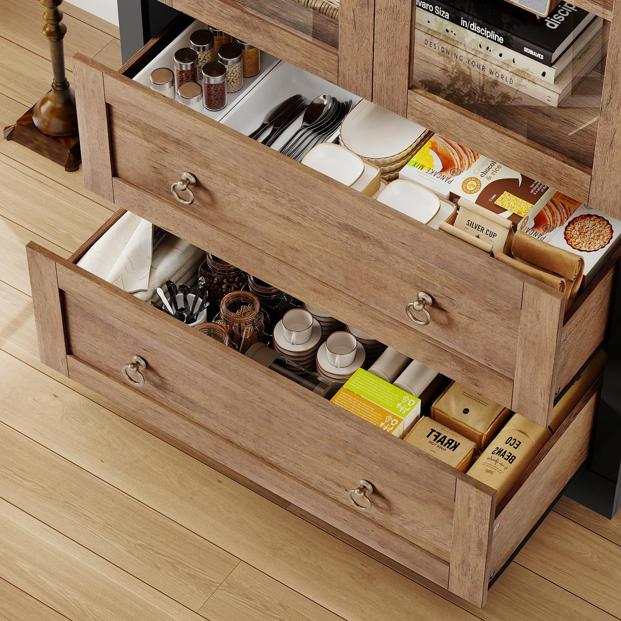 FINETONES 70" Arched Pantry Cabinet, Farmhouse Kitchen Pantry Arched Cabinet with Glass Doors and 2 Drawers, Versatile Kitchen Hutch Storage Organizer for Dining Room, Black/Brown FINETONES