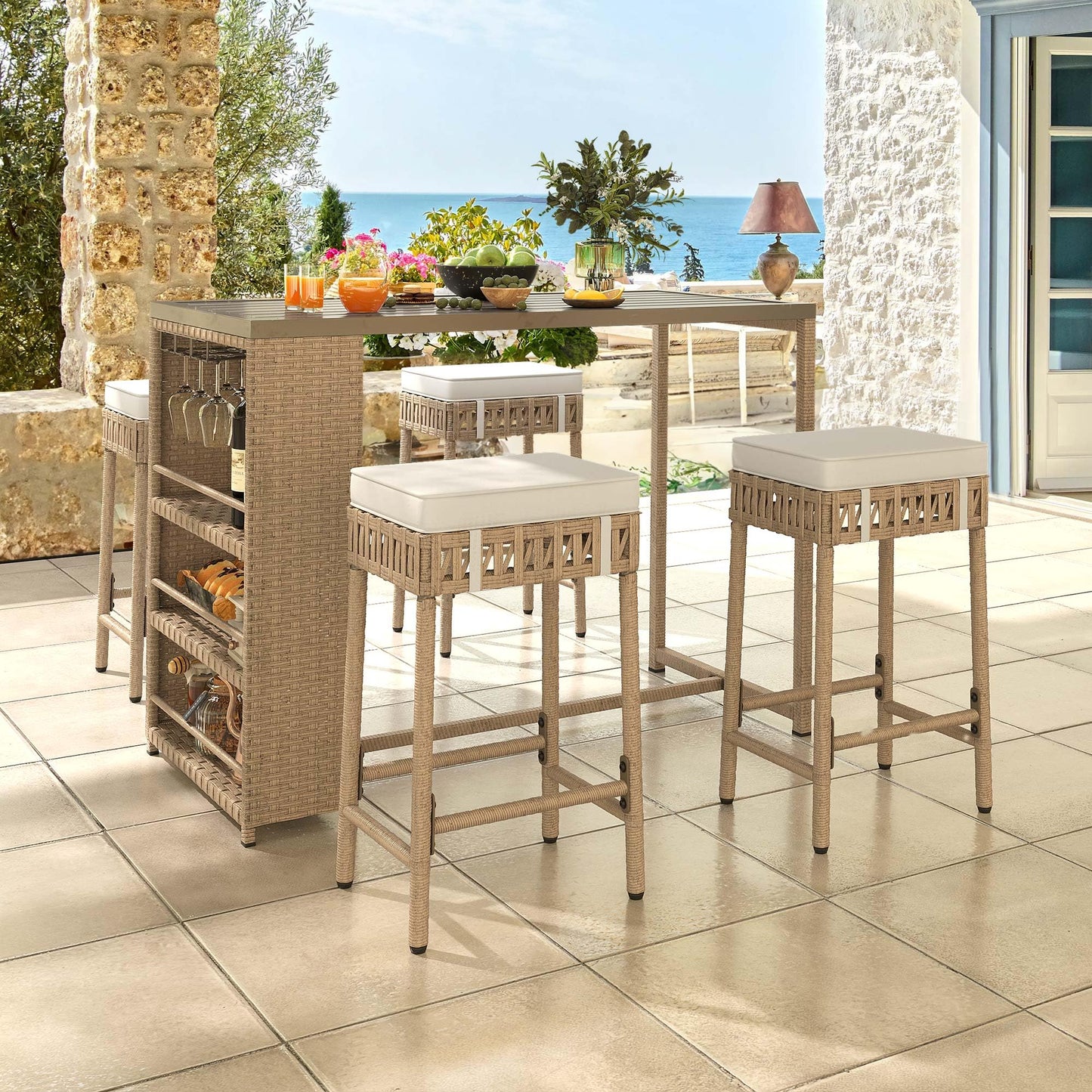 YITAHOME 5 Piece Outdoor Patio Bar Set with Cushions and Wine Glass Holder - Beige Wicker Furniture - WoodArtSupply