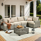 HOOOWOOO Outdoor Sectional Patio Furniture Set,6 Pieces Wicker Conversation Sets L Shaped Couch,Extra Deep Out Door Sofa Outside Furniture,Beige HOOOWOOO