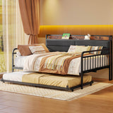 LIKIMIO Daybed with Trundle, Sturdy Metal Full Size Bed Frame with Upholstered Headboard and Charging Station for Living Room, Bedroom and Guest Room, Black LIKIMIO