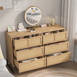 Rattan 6 Drawer Dresser Boho Dresser Chest of Drawers Farmhouse Oak 6 Double Drawer Dresser Cabinet with Wide Drawers Metal Legs Mid Century Modern Storage Dressers Chest for Bedroom, Living Room Furtivusia