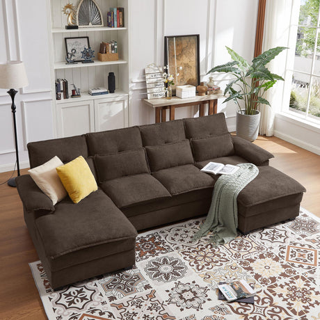 Enobala 110" Comfy Cloud Couch Sectional Sofa with Lumbar Pillows, Modern U-Shaped Cloud Sofa with Double Chaise & Deep Seat for Living Room, or Office, Easy Assembly, Dark Coffee Enobala