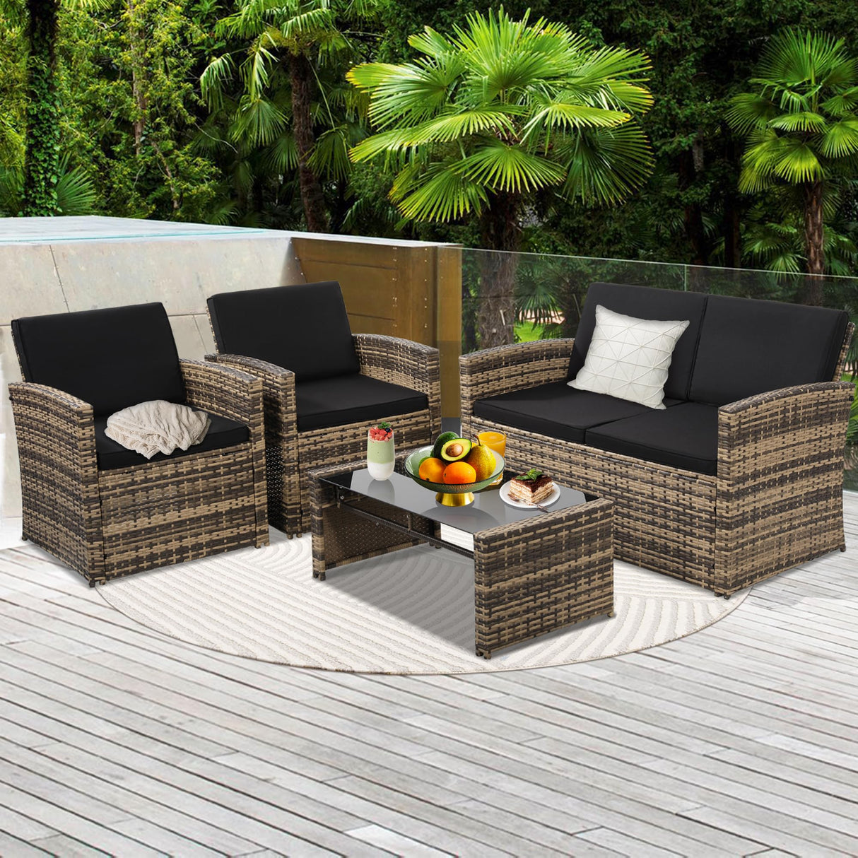 KROFEM 4 Pieces Patio Conversation Set, Outside Rattan Sectional Sofa, Cushioned Furniture Set, Wicker Sofa Ideal for Garden, Porch, Backyard, Natural Color Rattan and Black Cushion KROFEM