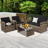 KROFEM 4 Pieces Patio Conversation Set, Outside Rattan Sectional Sofa, Cushioned Furniture Set, Wicker Sofa Ideal for Garden, Porch, Backyard, Natural Color Rattan and Black Cushion KROFEM