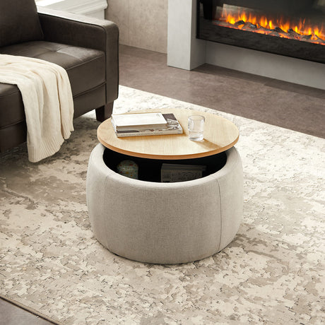 YICORPS Modern Round Storage Ottoman with Wooden Top,Handmade Luxury Pleated Circle Fabric Storage Ottoman Coffee Table,End Table & Footstool for Living Room（Light Gray） YICORPS