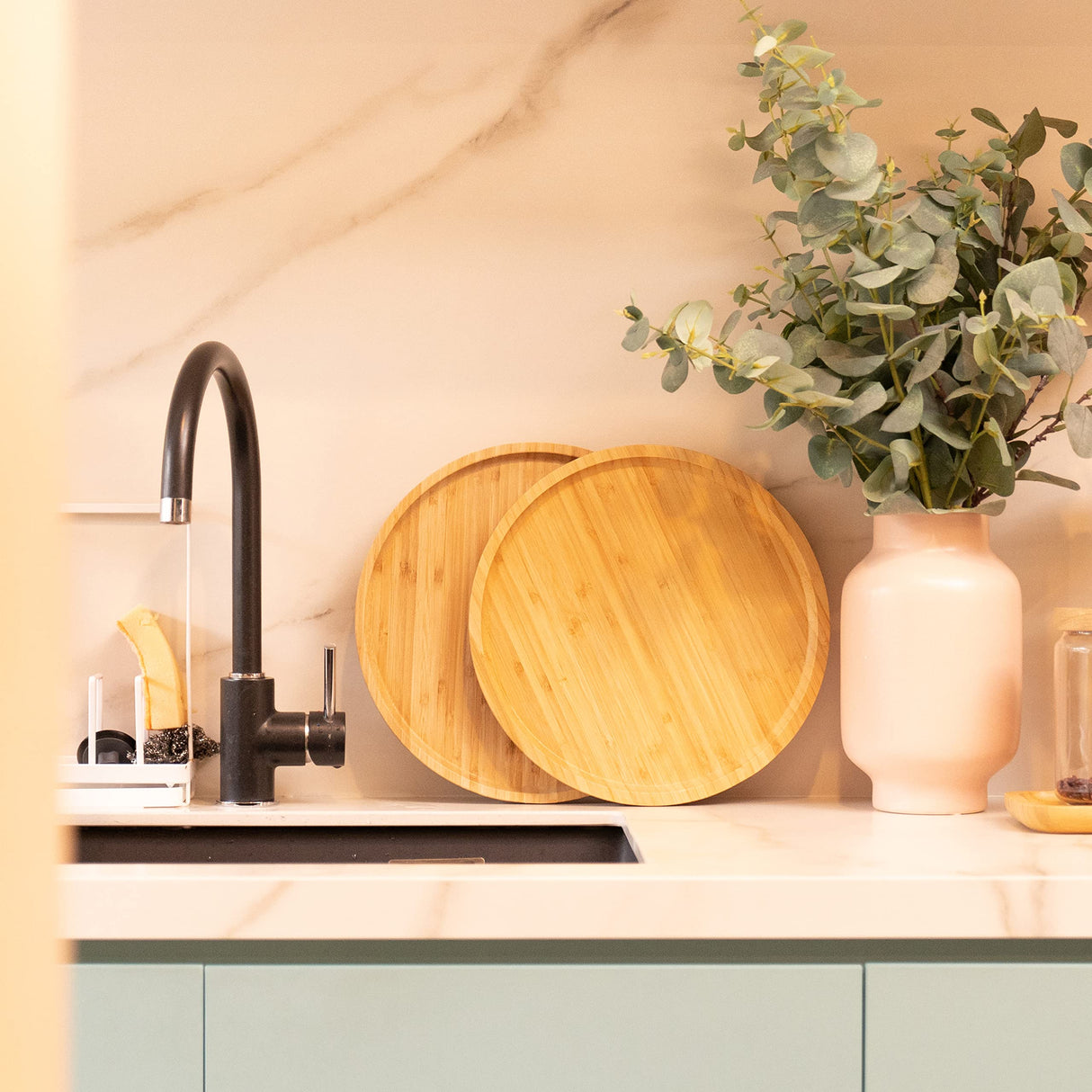 Bamboo Serving Platter, Round Wood Tray, Wooden Serving Tray, Fruit, Bread, Salad Plate, Round Wood Charcuterie Board (13.8 inch) YANGQIHOME