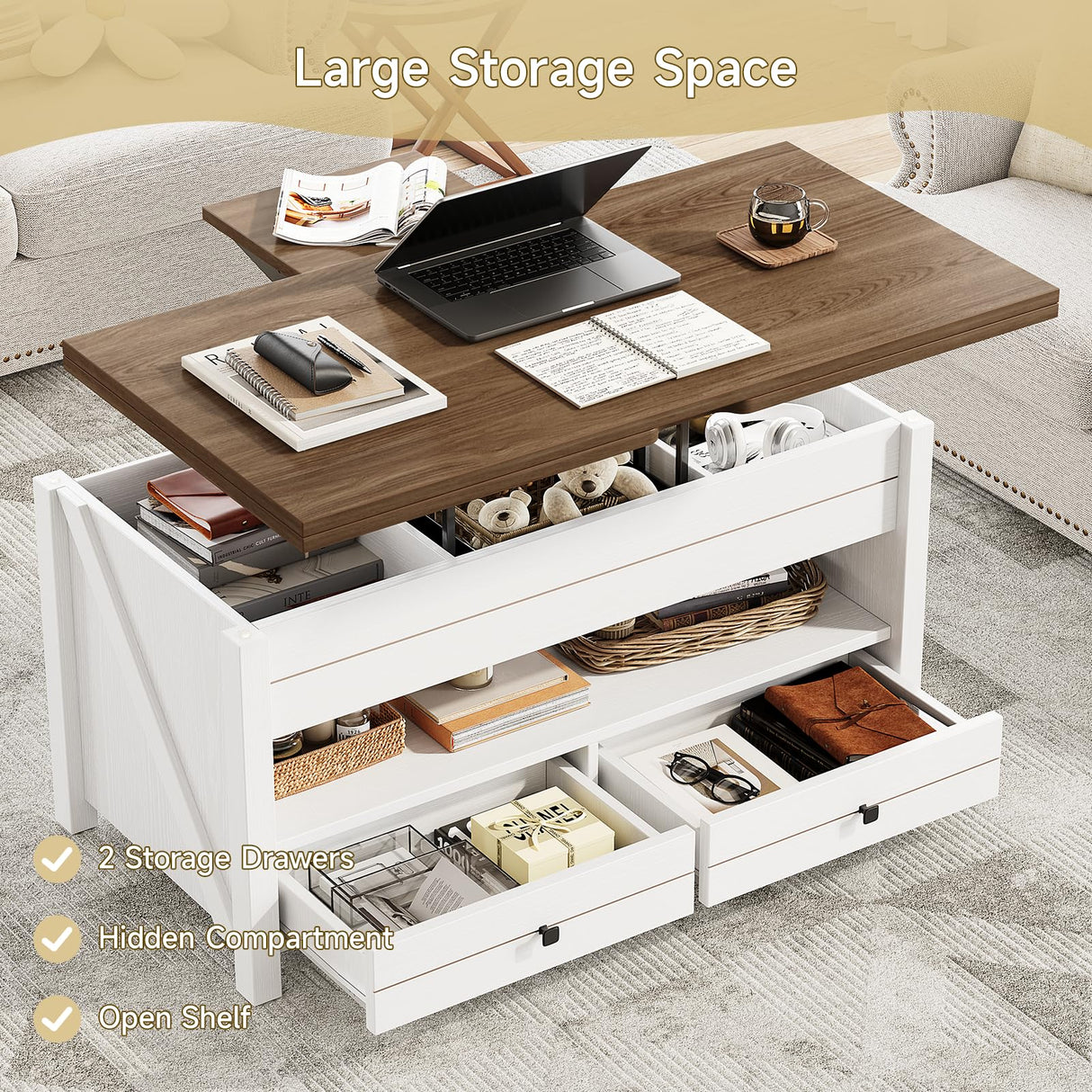 ONBRILL Farmhouse Lift Top Coffee Table with 2 Storage Drawers, Rustic Center Table with Large Hidden Storage Compartment,Storage Coffee Table Converts to Dining Table for Living Room, Brown and White ONBRILL