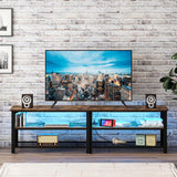 Clikuutory Modern Brown 71 inch Metal TV Stand with LED Lights and Power Outlets for 50 60 65 70 75 80 Inch TVs, 3 Tier Television Stands with Entertainment Center and Storage for Living Room, Bedroom Clikuutory