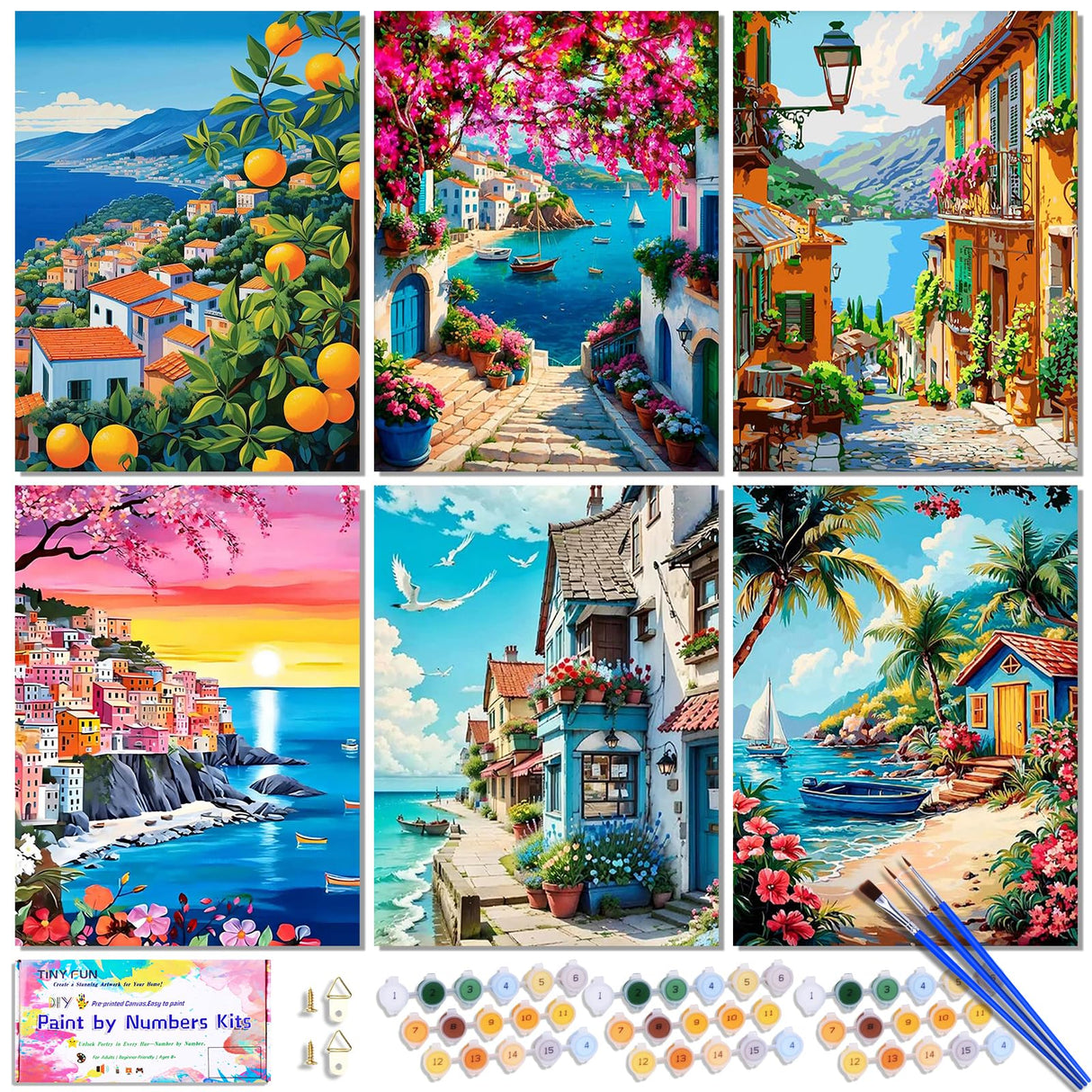 6 Pack DIY Paint by Number Kit for Adults - Mediterranean Coastal Scenery Oil Painting Set, 12x16 Inch Canvas (No Frame), 18 Vivid Acrylic Paints - Stress Relief Art Craft for Home Decor & Gifts TINY FUN