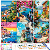 6 Pack DIY Paint by Number Kit for Adults - Mediterranean Coastal Scenery Oil Painting Set, 12x16 Inch Canvas (No Frame), 18 Vivid Acrylic Paints - Stress Relief Art Craft for Home Decor & Gifts TINY FUN