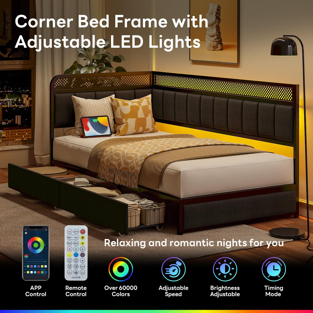 LIKIMIO Twin Corner Bed Frame with Storage Drawers and Charging Station, Modern Twin Daybed with LED Lights and Upholstered Guardrail, Gray LIKIMIO