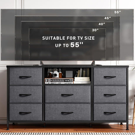 EnHomee Dresser TV Stand with Power Outlet Entertainment Center with 8 Fabric Deep Drawers Media Console Table for 55" TV Wide Storage Drawer Dresser for Bedroom, Living Room, Entryway, Grey EnHomee