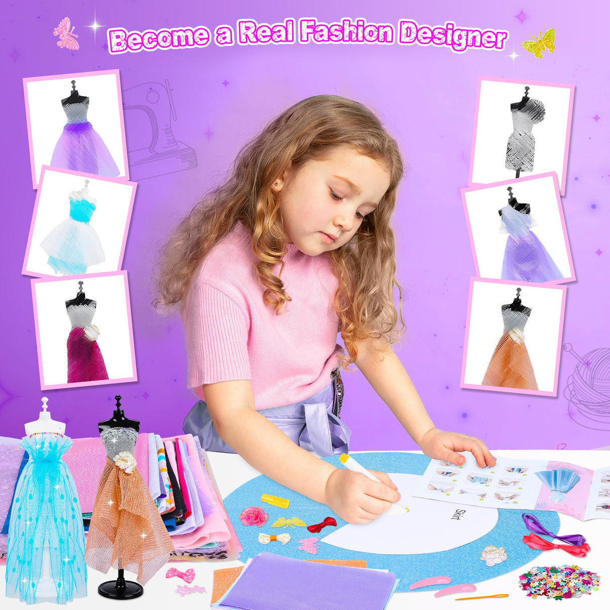 MINIFUN 1500+Pcs Fashion Designer Kit for Girls, Sewing Kit with 7 Mannequins, DIY Arts and Crafts Kit for Kids, Doll Clothes Making Kit, Girl Toys for Age 6 7 8 9 10 11 12 Year Old Gifts MINIFUN