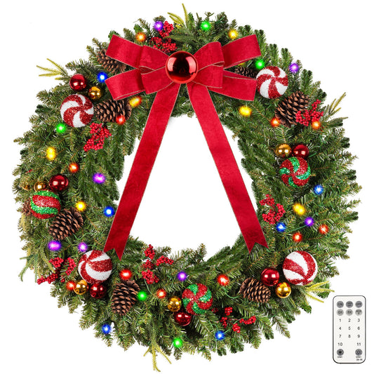 DDHS 48in Christmas Wreath, Pre-Lit Christmas Wreath with 200 LED Lights, 11 Light Modes, Red Bow, Ornament Balls, Large Artificial Christmas Wreaths for Mantel Front Door Outdoor