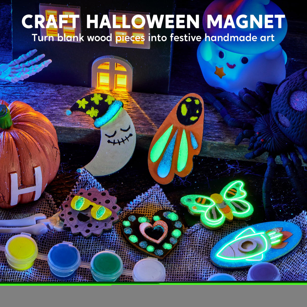 JOYIN 12 Glow in The Dark Wooden Magnets for Kids, Paint Your Own Arts and Crafts Painting Kit, Halloween Crafts Birthday Parties and Family Crafts Gift, Party Favors for Boys Girls Ages 3+ JOYIN