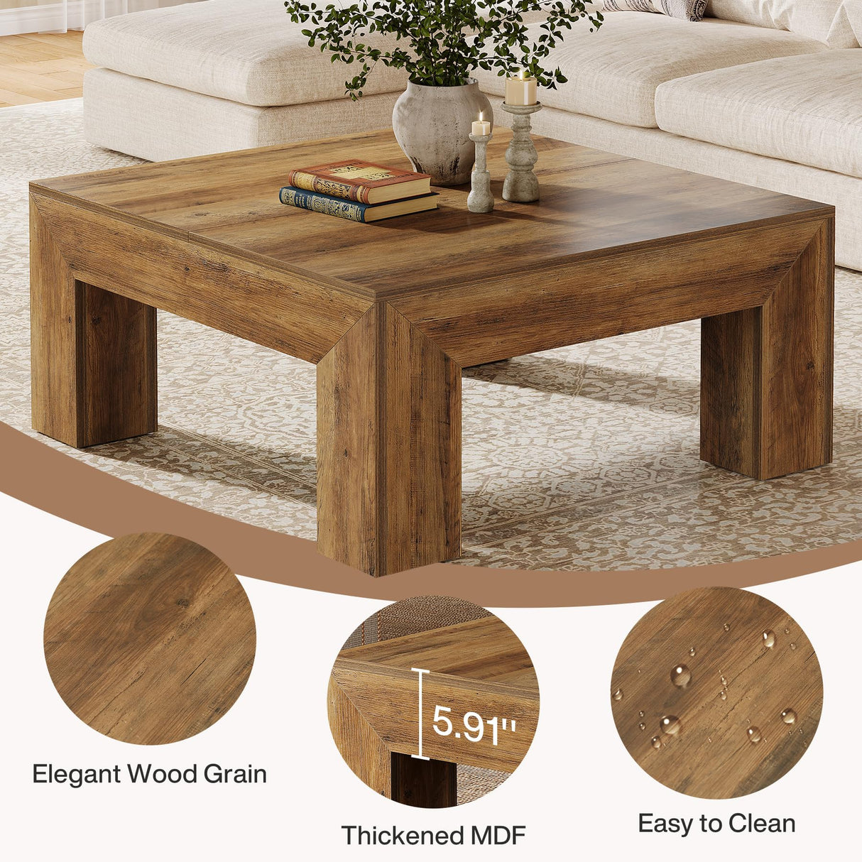 Tribesigns 39.4-Inch Square Coffee Table for Living Room, Farmhouse All MDF Accent Center Cocktail Table with Sturdy Wooden Legs, Easy Assembly, Rustic Brown Tribesigns