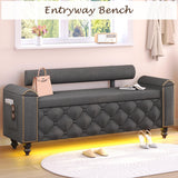 BYSAUD 51" Ottoman with Storage, Storage Ottoman Bench with LED Lights, End of Bed Bench with Upholstered Backrest & Curved Arm, Entryway Bench with Tufted Button for Bedroom Living Room, Dark Gray BYSAUD