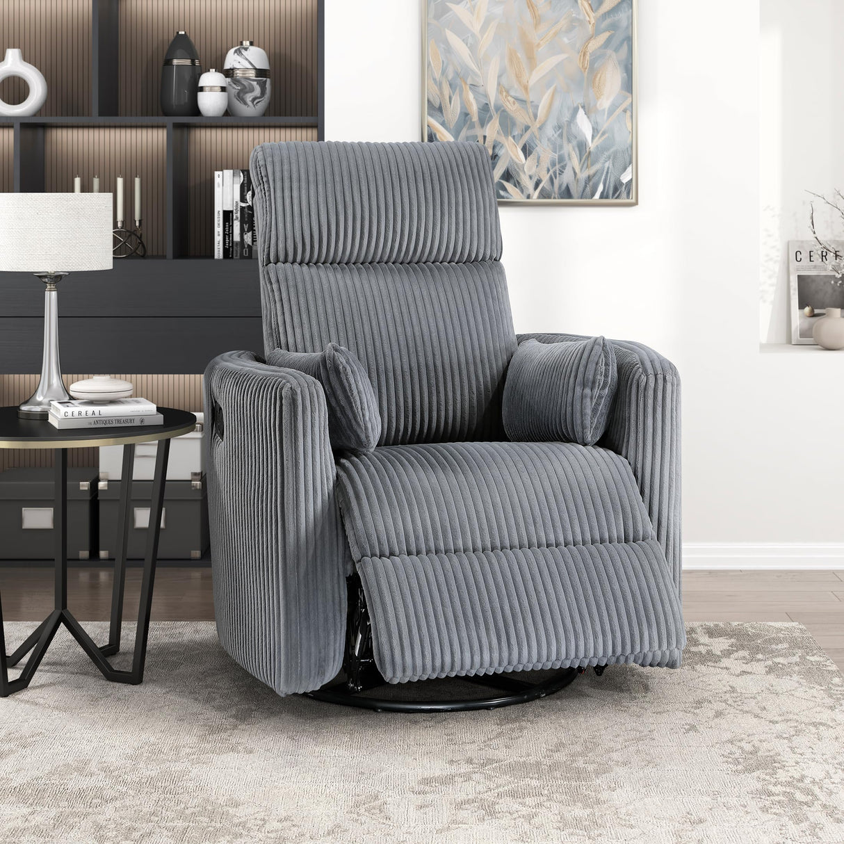 Lexicon Modern Swivel Glider Recliner Chair, Nursery Glider, Corduroy Fabric Upholstery Recliner with 2 Lumbar Pillows, Manual Reclining Sofa Chair for Living Room/Office/Apartment, Grey Lexicon