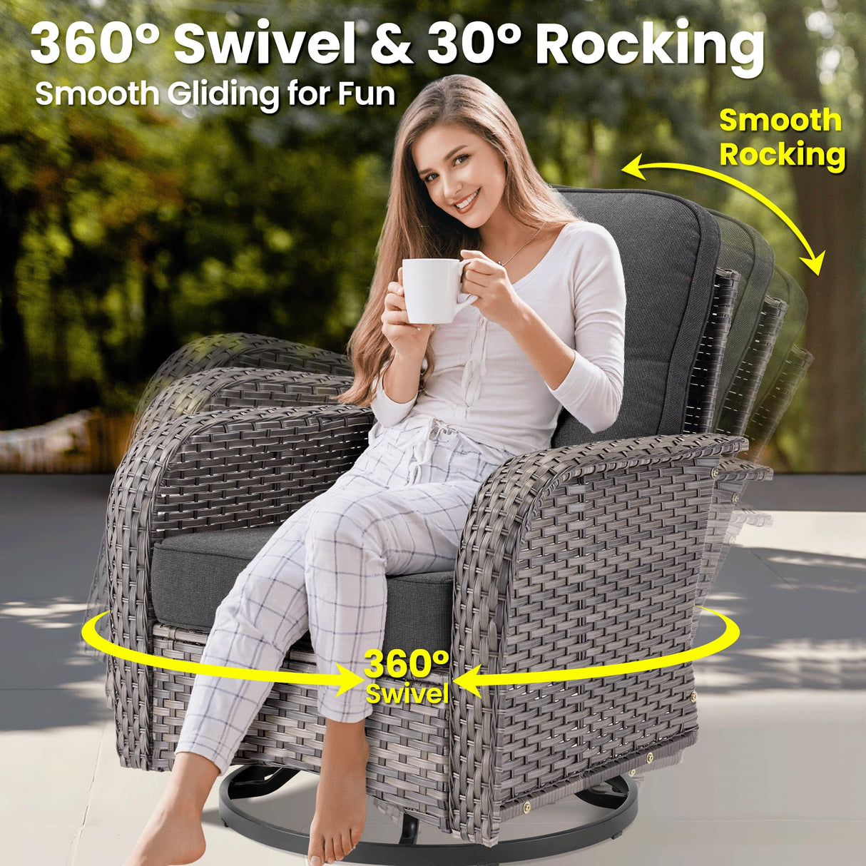 ovios 10 Pieces Patio Furniture Set, Outdoor Wicker Sofa Couch with Rocking Swivel Chairs Solar Lights Table Fire Pit, Modern Deep Seat Rattan Conversation Sets, Black ovios