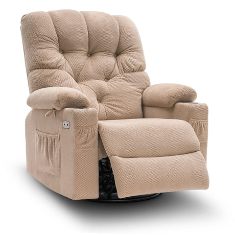 MCombo Electric Power Swivel Glider Rocker Recliner Chair with Cup Holders for Nursery, Hand Remote Control, USB Ports, 2 Side & Front Pockets, Plush Fabric 7797 (Beige) MCombo