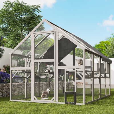 Fansafurn Extra Large Catio – Walk-in Outdoor Cat Enclosure for Multiple Cats, 110" Multi-Level Wood Cat Patio Playpen with Weatherproof Roof, Bridges, Condos and Door Access