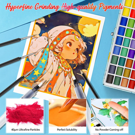 50 Colors Washable Watercolor Paint Set with 6 Brushes, Portable Travel Water Color Kit with Carrying Case, Palette and Accessories, Non-Toxic Art Supplies Gift for Artists Adult Teen Kids Girls Boys Caliart