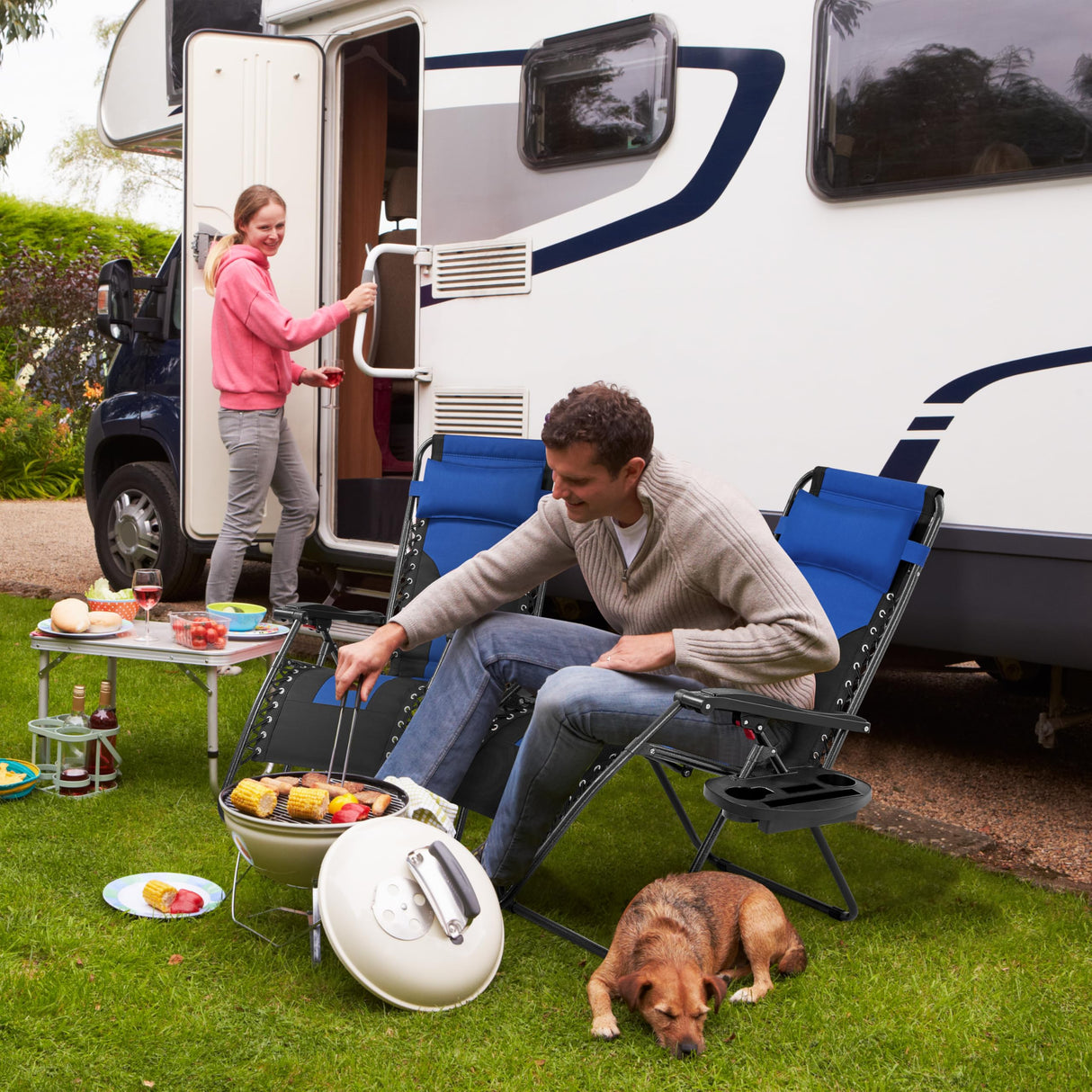 Yaheetech Padded Zero Gravity Recliner, Foldable Outdoor Patio Chairs, Adjustable Anti Gravity Lounger for Backyard Camping w/Carry Strap, Cup Holder, Pillow Navy Blue/Black Set of 2 Yaheetech