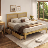 Olodumare Boho King Platform Bed Frame with Rattan Headboard, Modern Natural Bohemian Solid Wood Bed with 2 Under Bed Storage Drawers, Squeak-Free, No Box Spring Needed, Easy Assembly, Honey Oak Olodumare