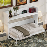 SOFTSEA Twin XL Size Horizontal Murphy Bed, Hideaway Wall Bed with Desk, Storage Shelves, LED Light & USB Ports, Space-Saving Foldable Cabinet Bed Frame for Guest Room, Bedroom, Office, White SOFTSEA