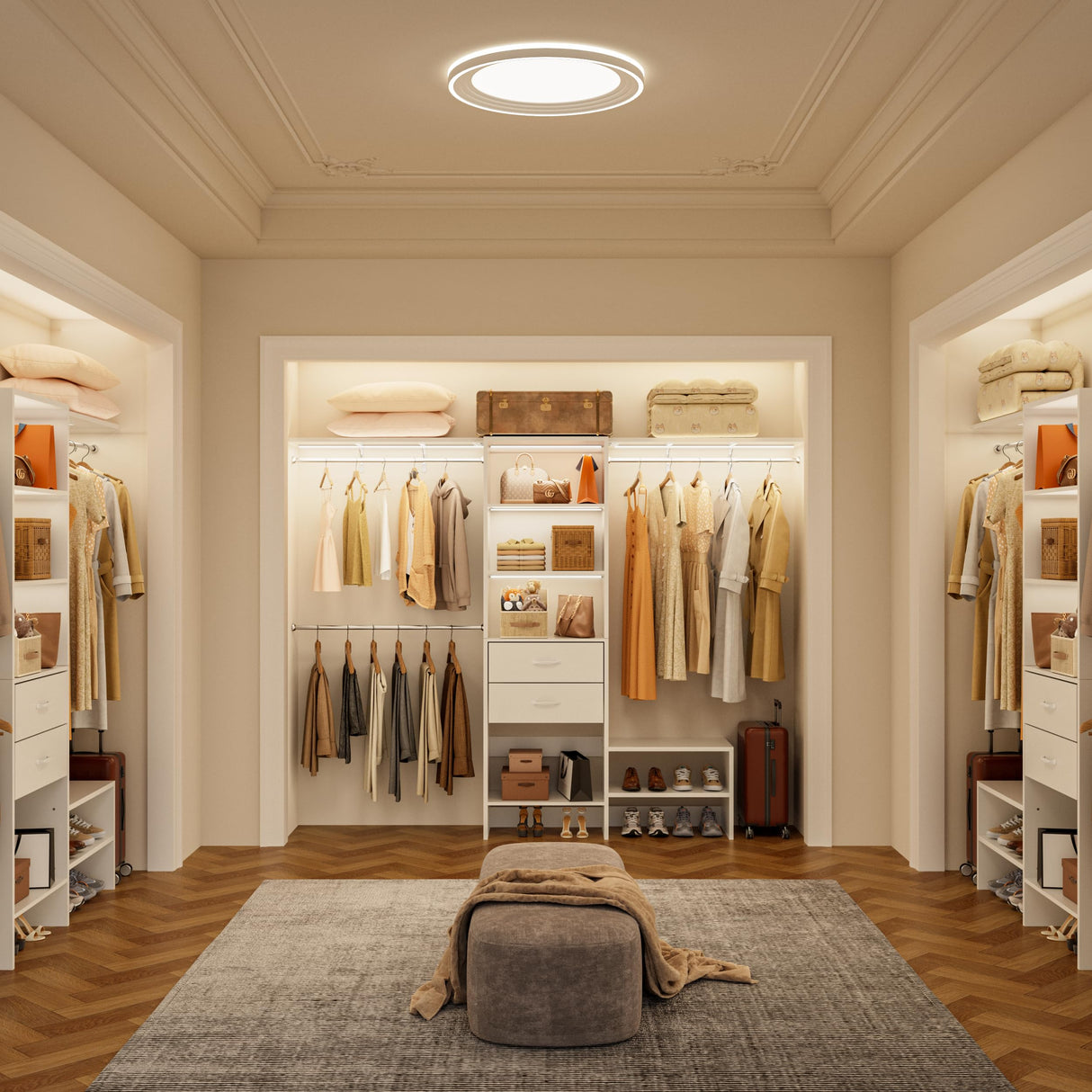 MJOMKN 8FT Closet System with Drawers, Walk-In Closet Organizer with 3 Adjustable Hanging Rods, Wood Closet Storage, Heavy Duty Clothes Rack, 96" L x 16" W x 75" H, Adjustable Wardrobe Rack, White MJOMKN