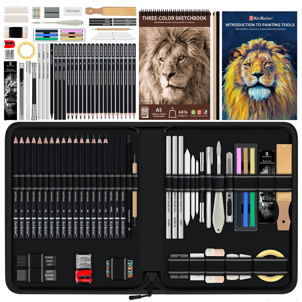 Kird Barken 112 PCS Professional Drawing Set Sketch Kit with 3-Color Sketchbook, Graphite & Charcoal Pencils,Sketching Supplies for Shading & Blending – Ideal for Artists, Adults, Teens & Beginners Kird Barken