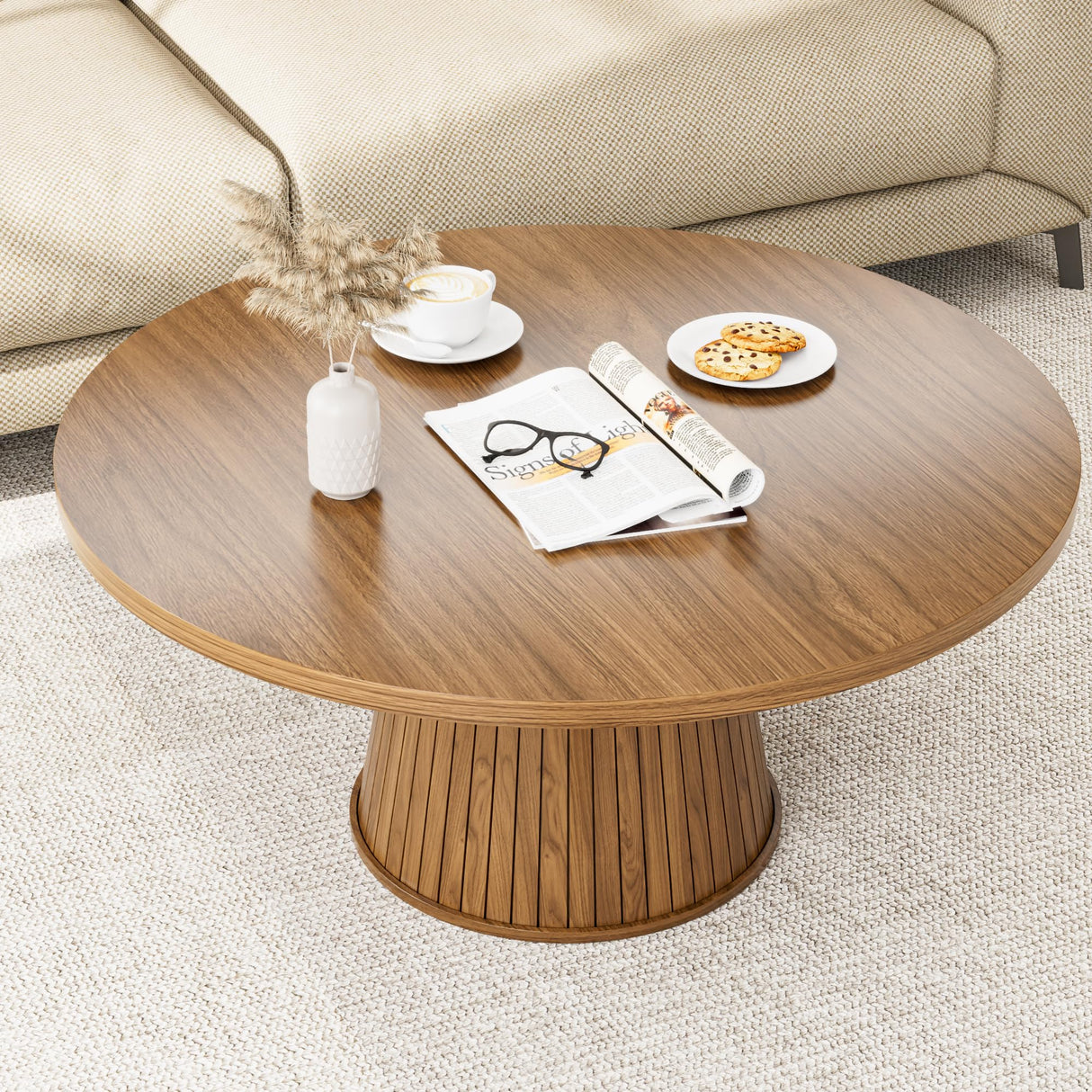 Fluted Round Coffee Table, Walnut Mid Century Modern Coffee Table, Small Circle Center Table, Brown, Farmhouse Wood, for Living Room, 31.5 Inches, Rustic, Easy Assembly Xyulmeo