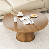 Fluted Round Coffee Table, Walnut Mid Century Modern Coffee Table, Small Circle Center Table, Brown, Farmhouse Wood, for Living Room, 31.5 Inches, Rustic, Easy Assembly Xyulmeo