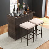 Tangkula 3 Piece Patio Bar Set, Outdoor Rattan Bar Table and 2 Stools with Tempered Glass Tabletop, 2-Tier Storage, Removable Cushions, Outside Wicker Conversation Set Tangkula