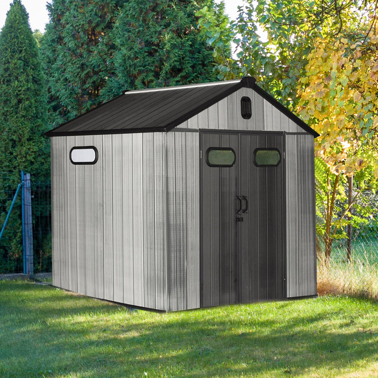 Domi 8x8 FT Outdoor Resin Storage Shed, All-Weather Double-Wall Storage Building for Backyard, Garden, Lawn Tools, Mower, Bike & Pool Equipment, Lockable Doors, Ventilated Roof, Grey domi outdoor living