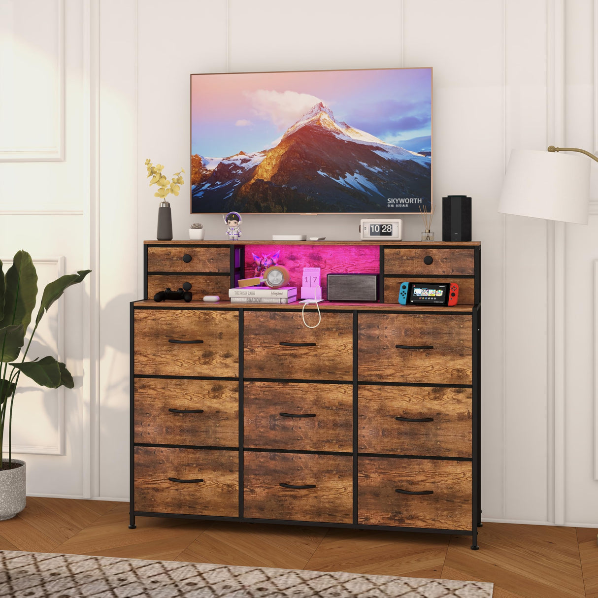 Welfuturer Rustic Dresser with Charging Station and LED Lights Large 13 Drawers Dresser Fabric Chest of Drawers for Bedroom Living Room Hallway Entryway Closets Sturdy Frame Wood Top Brown Welfuturer