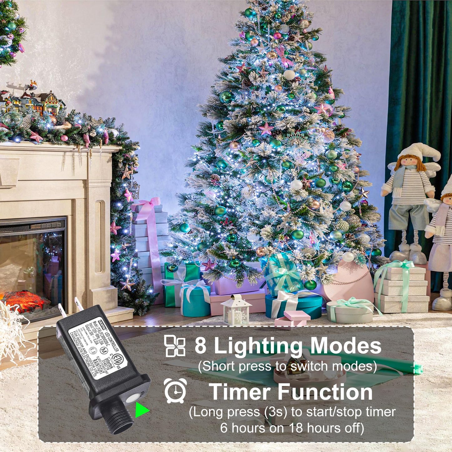 100FT 300 LED Christmas Tree Lights, Christmas Lights Outdoor with 8 Modes Waterproof, Green Wire Plug in String Twinkle Lights for Indoor House Patio Weeding Holiday Decorations, White