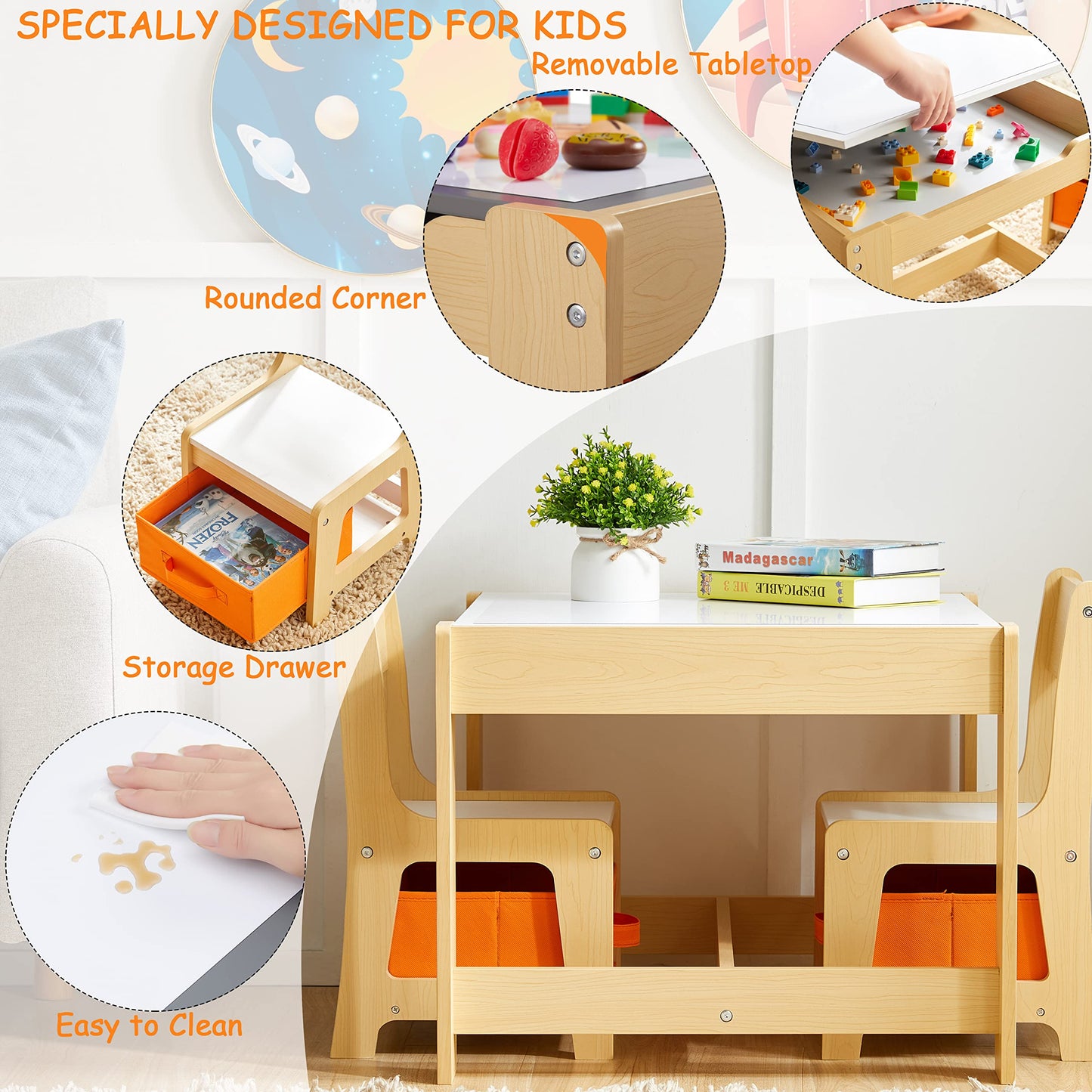 Kids Table and Chair Set, 3 in 1 Wooden Activity Table with Storage Drawer for Toddlers Drawing, Reading, Crafts, Play, 2 in 1 Detachable Tabletop - WoodArtSupply