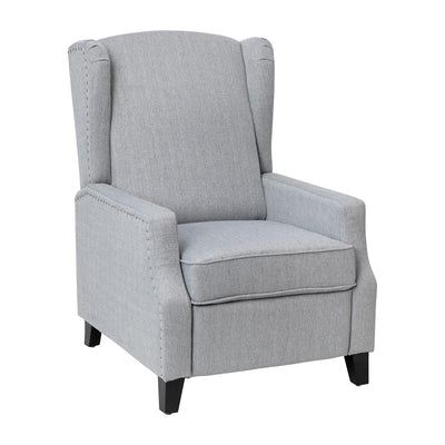 Taylor & Logan Maxfield Traditional Gray Fabric Upholstered Slim Wingback Recliner with Accent Nail Trim and Push Back Recline