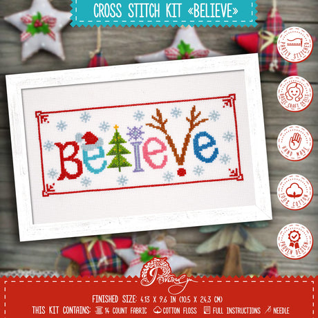 Counted Cross Stitch Kit 'Believe' - Embroidery Set for The Holidays, Encouragement, or Inspiring Everyday Possibilities with a Christmas Tree, Snowflake, Deer and Santa Hat Povitrulya