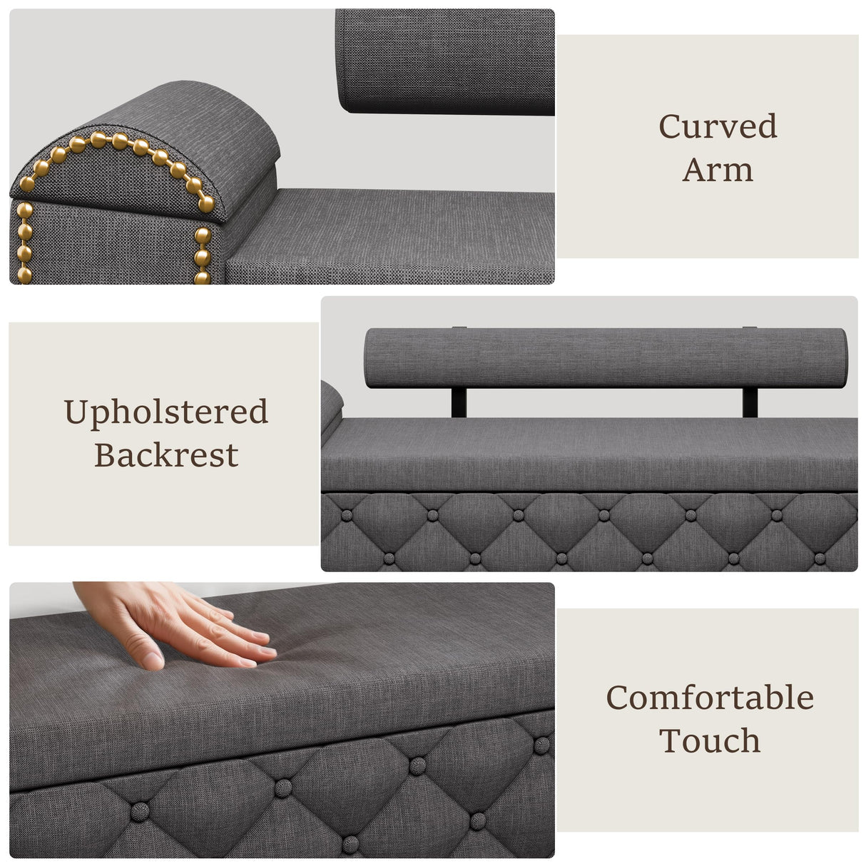 BYSAUD 51" Ottoman with Storage, Storage Ottoman Bench with LED Lights, End of Bed Bench with Upholstered Backrest & Curved Arm, Entryway Bench with Tufted Button for Bedroom Living Room, Dark Gray BYSAUD