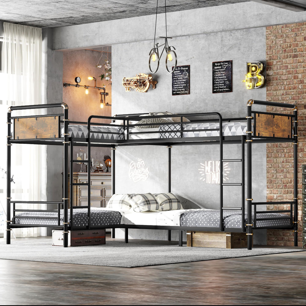 MoproBeti Metal 4 Bed Bunk Beds, Heavy Duty Industrial L-Shaped Bunk Bed with Ladders, Detachable Corner Quad Bunk Bed for Kids, Teens, Space Saving Design,Can Be Divided Into 3 Twin Beds, Black MoproBeti