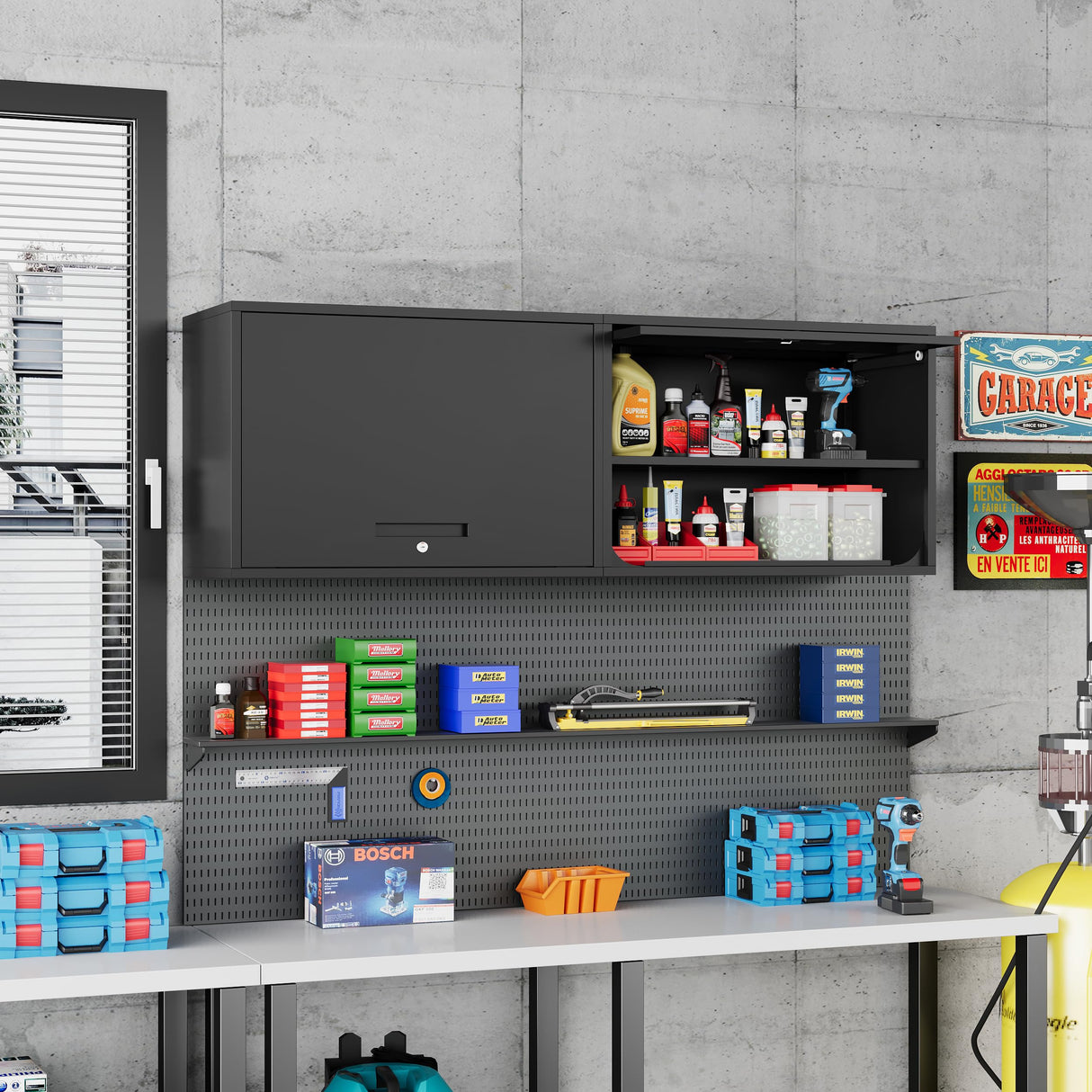 Fesbos Metal Storage Cabinet Black Wall Cabinets with Shelf and Locking Door - Wall Mounted Storage Cabinet for Garage Warehouse Home Office - Assembly Required Fesbos