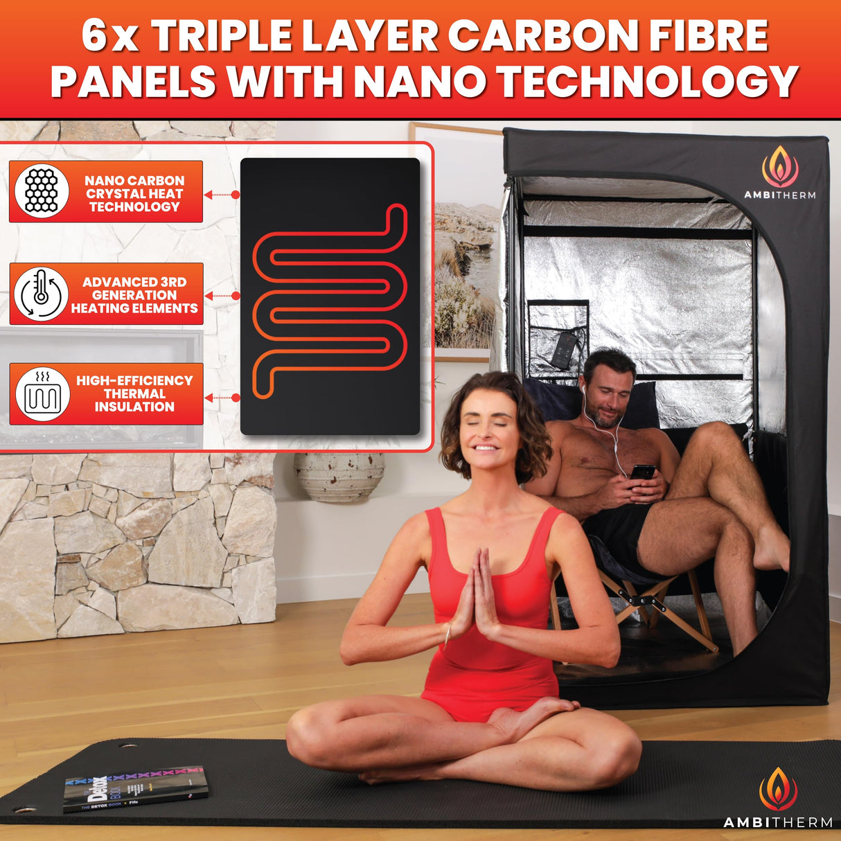 AMBITHERM Large Portable Infrare d Sauna for Home – Extra Large Sauna Tent - 50% More Leg Room – Touch-Sensitive Entertainment Pocket– Reclining Beechwood Chair with Washable Fitted Towel AMBITHERM