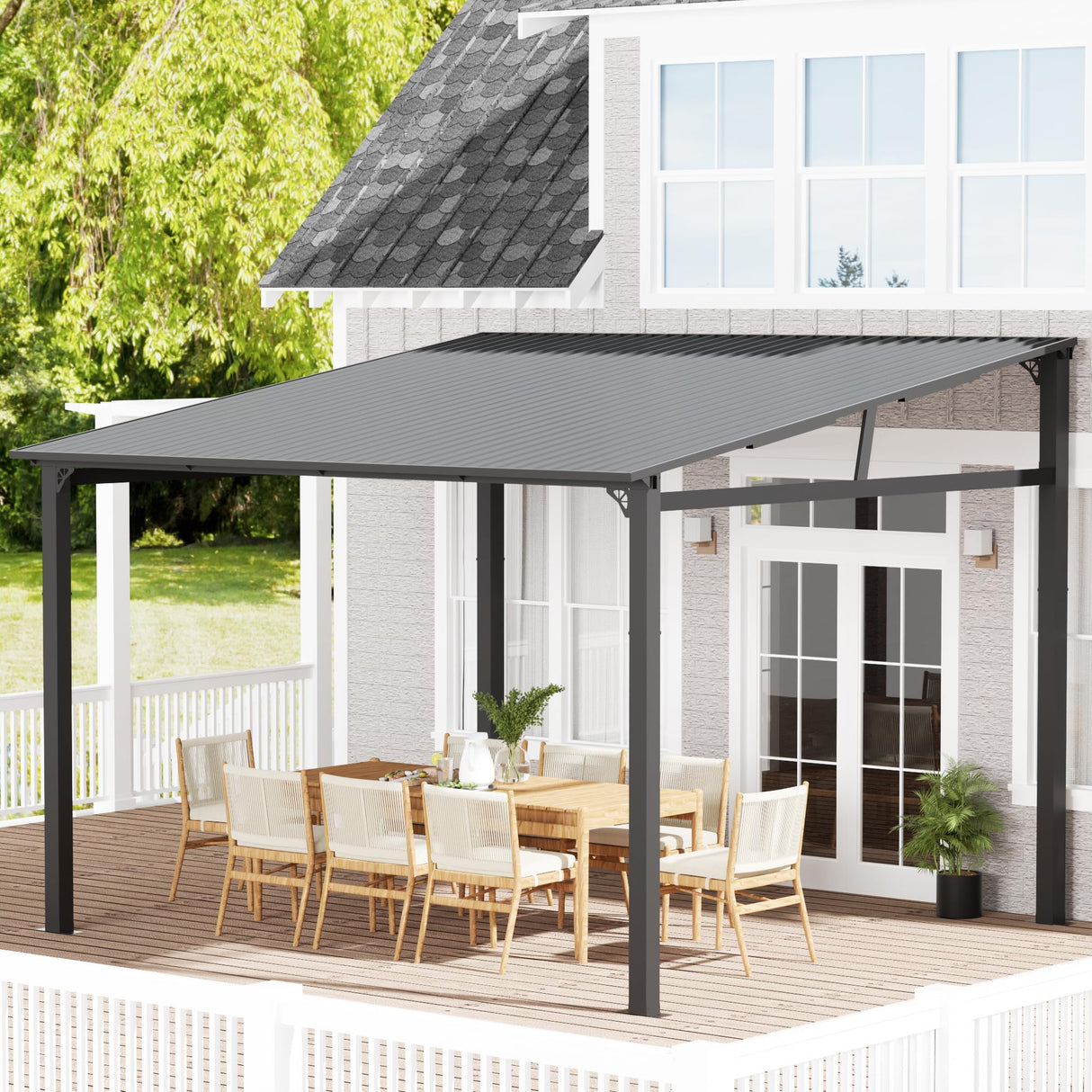 EBE 12' x 12' Hardtop Gazebo, Heavy Duty Lean to Metal Gazebos Outdoor Pergola, Wall Mounted Gazebo with Galvanized Steel, Patio Roof Awning for Patio, Deck, Backyard EBE