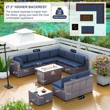 Kullavik 10 Pieces Outdoor Patio Furniture Set with 43" Gas Propane Fire Pit Table PE Wicker Rattan Sectional Sofa Patio Conversation Sets,Navy Blue Kullavik