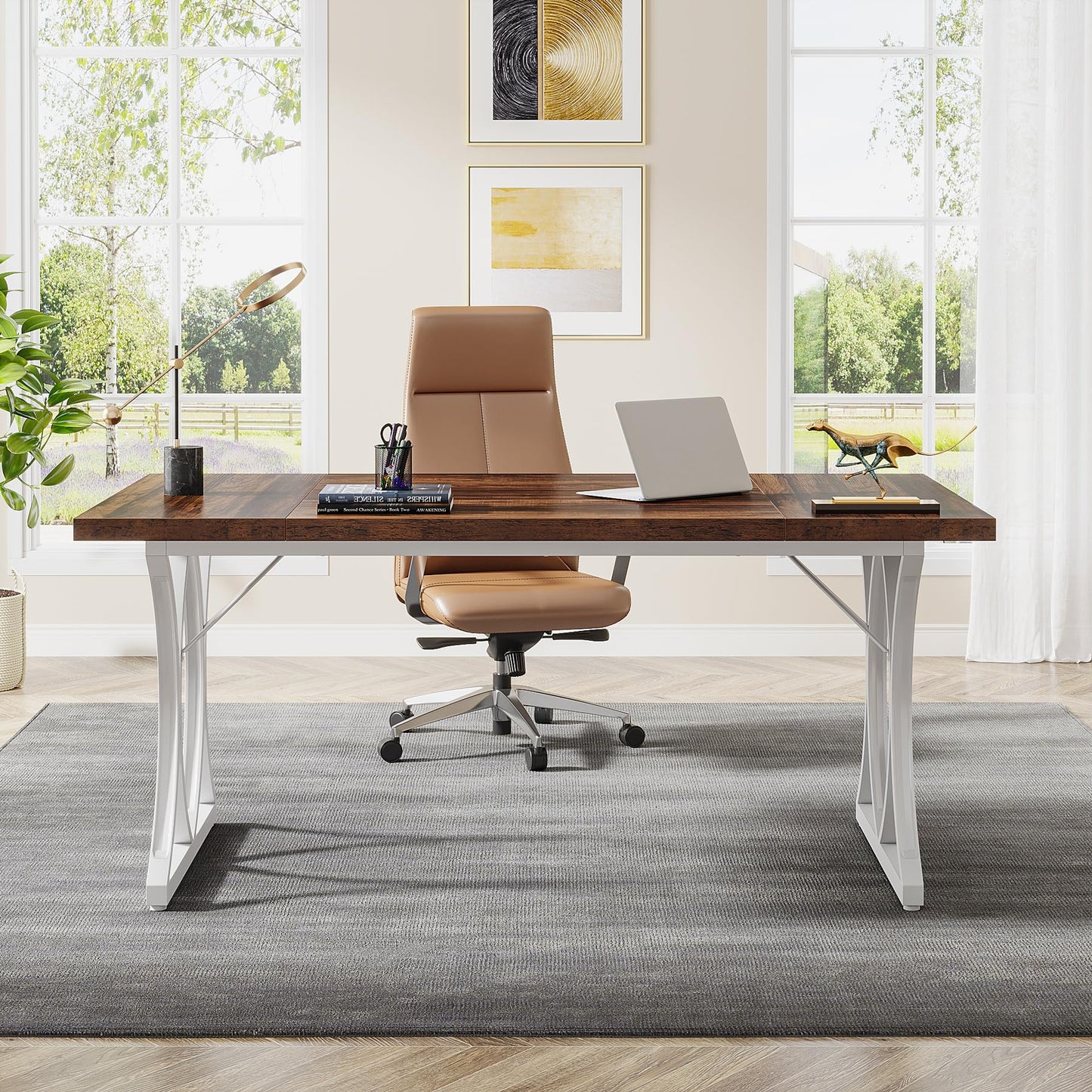 Tribesigns 63 L x31W x 30 H Executive Desk, Farmhouse Wood Computer Desk, Large Home Offcie Table with Black Metal Frame, Long Table - WoodArtSupply