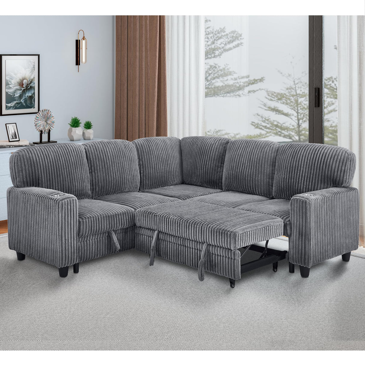 Ball & Cast L-Shaped Sleeper Sofa Bed,5 Seater Sectional Couch with Pull Out Bed and USB Charging,Cupholders & Storage Seats,Convertible Sofa Bed for Living Room,Apartment,Corduroy Fabric,Gray,81" Ball & Cast