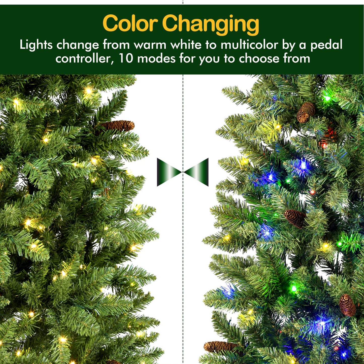 Hykolity 7.5 ft Prelit Pencil Slim Christmas Tree with 300 Color Changing LED Lights, 792 Branch Tips, Metal Stand and Hinged Branches, 10 Color Modes