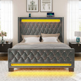 Rolanstar Queen Bed Frame with LED Light and Charging Station, Upholstered High Headboard and Footboard, Wood Slats, Noise Free, Easy Assembly, Grey Rolanstar